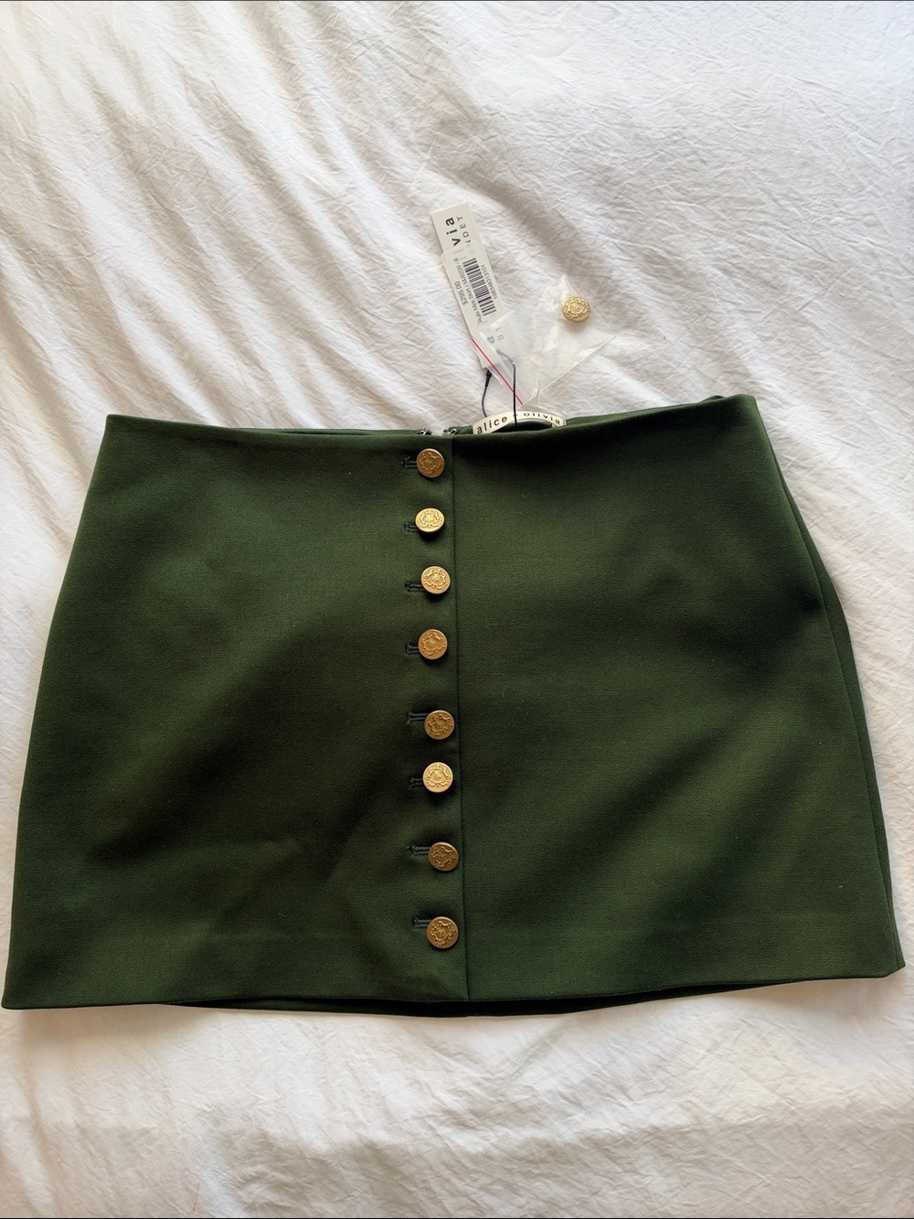 Alice + Olivia Olive Green Mini Skirt with Gold Buttons